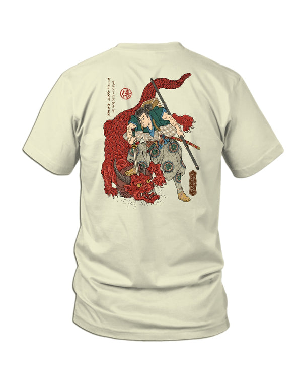 Oni Slayer Graphic Tee back view – Ukiyo-e style samurai defeating red Oni demon, 
Victory Over Yesterday – Savage Tacticians