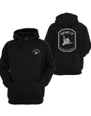Black Send It Graphic Hoodie by Savage Tacticians. Back print: a badge with a skeleton hand throwing a shaka under SEND IT, with No Victory Without Sacrifice along the bottom; small matching Savage Tacticians logo on the left chest