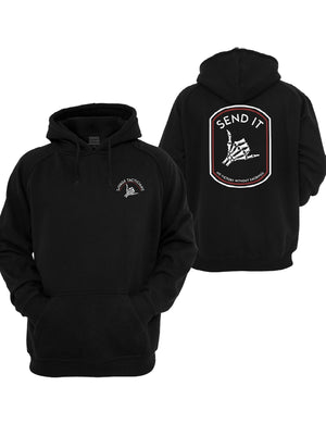 Black Send It Graphic Hoodie by Savage Tacticians. Back print: a badge with a skeleton hand throwing a shaka under SEND IT, with No Victory Without Sacrifice along the bottom; small matching Savage Tacticians logo on the left chest