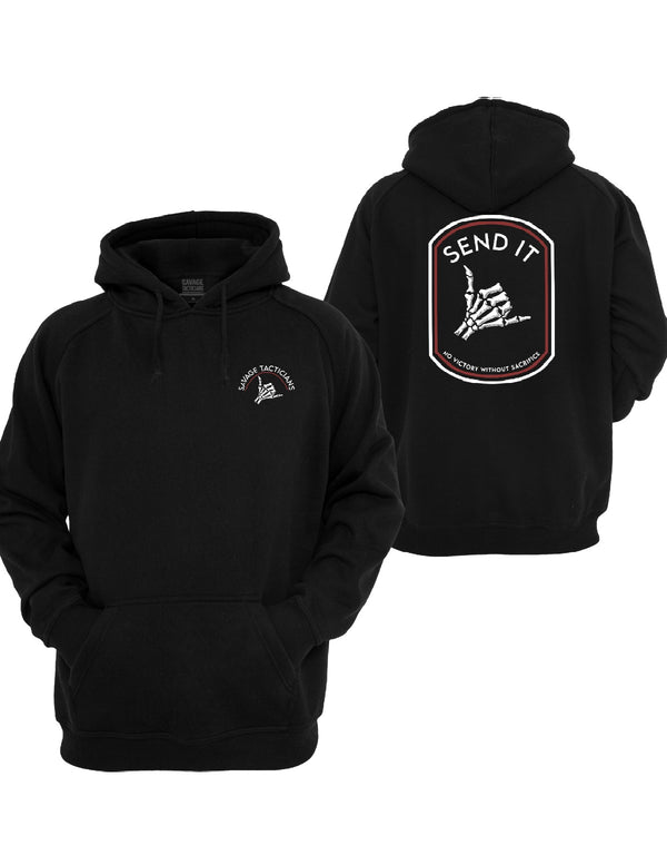 Black Send It Graphic Hoodie by Savage Tacticians. Back print: a badge with a skeleton hand throwing a shaka under SEND IT, with No Victory Without Sacrifice along the bottom; small matching Savage Tacticians logo on the left chest