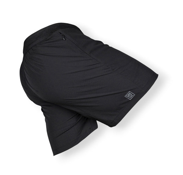 Savage Tacticians black athletic shorts with side zipper pocket and logo patch