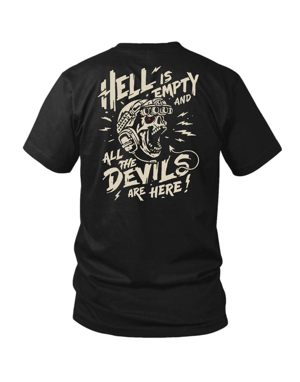 Savage Tacticians black t-shirt with skull and bold 'Hell is Empty' graphic on back