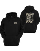 The Tempest Graphic Hoodie in black by Savage Tacticians. Back print: a screaming skull in a combat helmet and goggles wrapped in Hell Is Empty And All The Devils Are Here lettering in cream; small matching Savage Tacticians logo on the left chest