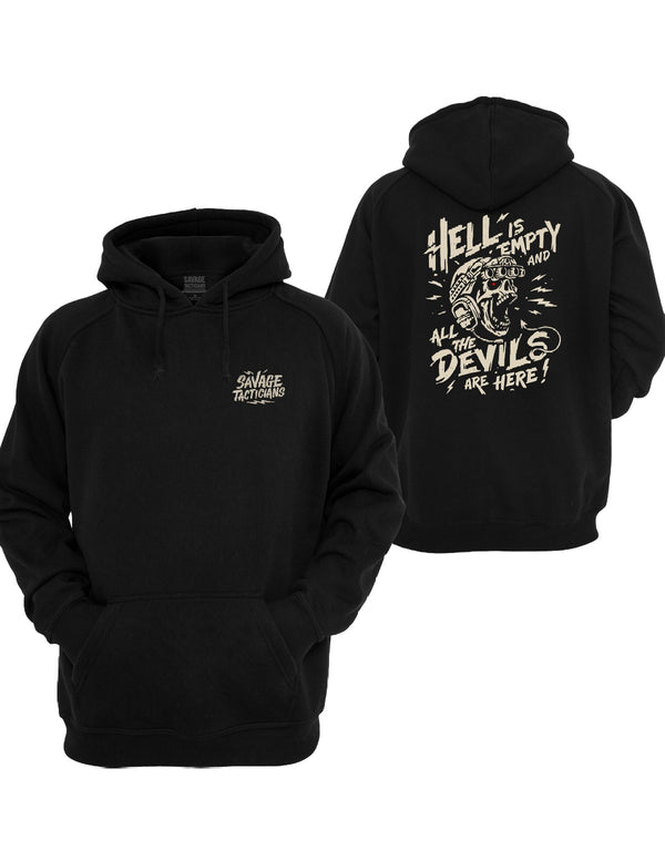 The Tempest Graphic Hoodie in black by Savage Tacticians. Back print: a screaming skull in a combat helmet and goggles wrapped in Hell Is Empty And All The Devils Are Here lettering in cream; small matching Savage Tacticians logo on the left chest