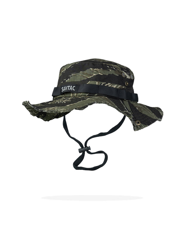 Savage Tacticians tiger stripe camo boonie hat with chin strap and SAVTAC logo