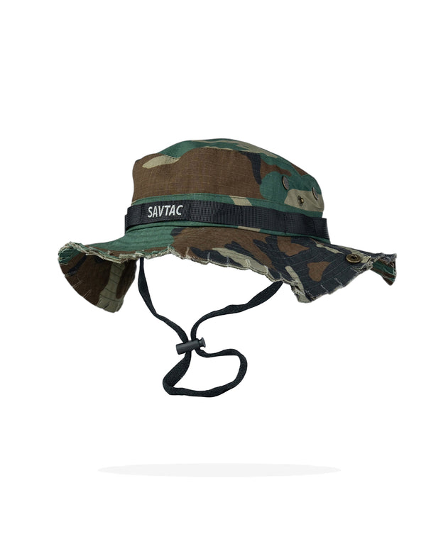 Savage Tacticians woodland camo boonie hat with chin strap and SAVTAC patch