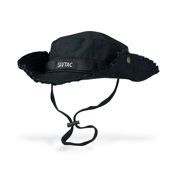 Black boonie hat with chin strap and Savage Tacticians SAVTAC logo on band