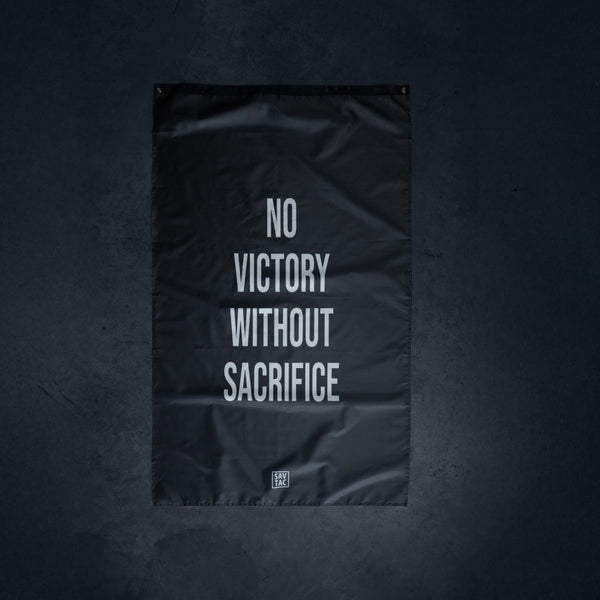 Savage Tacticians black flag with 'No Victory Without Sacrifice' text displayed