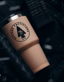 Savage Tacticians tan travel tumbler with logo, insulated drinkware on tactical gear