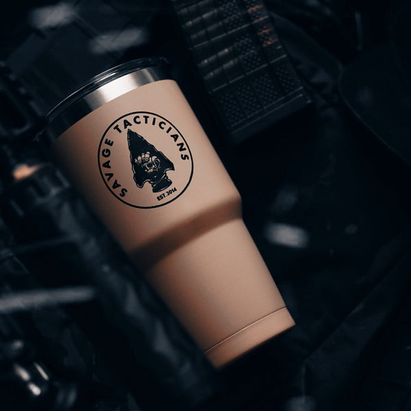 Savage Tacticians tan travel tumbler with logo, insulated drinkware on tactical gear