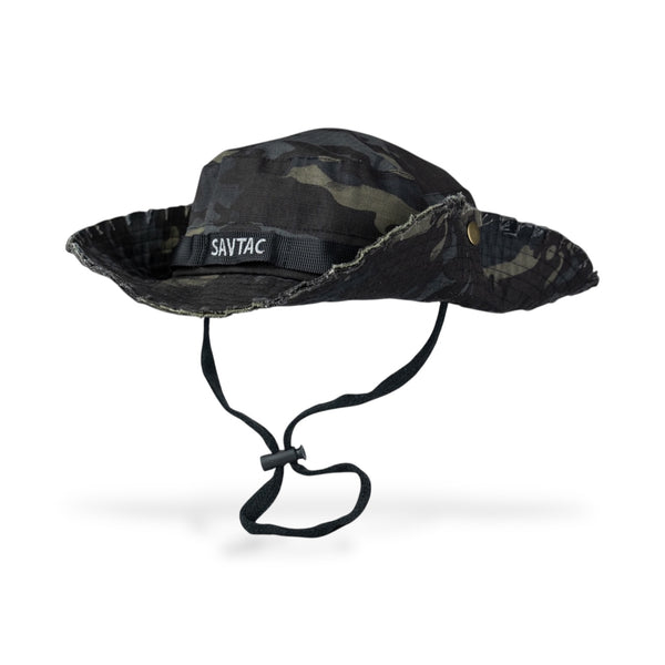 Savage Tacticians black camo boonie hat with chin strap and SAVTAC patch on front