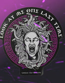 Savage Tacticians Medusa sticker with snakes, bold text, and purple Greek key design