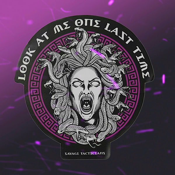 Savage Tacticians Medusa sticker with snakes, bold text, and purple Greek key design