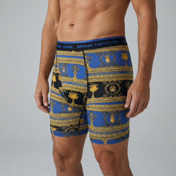 Savage Tacticians men's boxer briefs with blue and gold ornate pattern