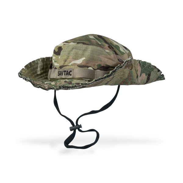 Savage Tacticians camo boonie hat with SAVTAC patch and adjustable chin strap